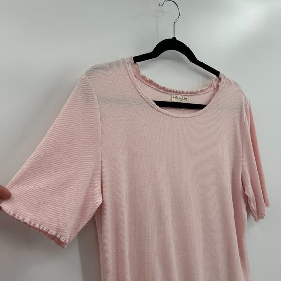 MAISON JULES Basic Light Pink Ribbed Scalloped Hem Short Sleeve Shirt Size XL - Picture 3 of 5